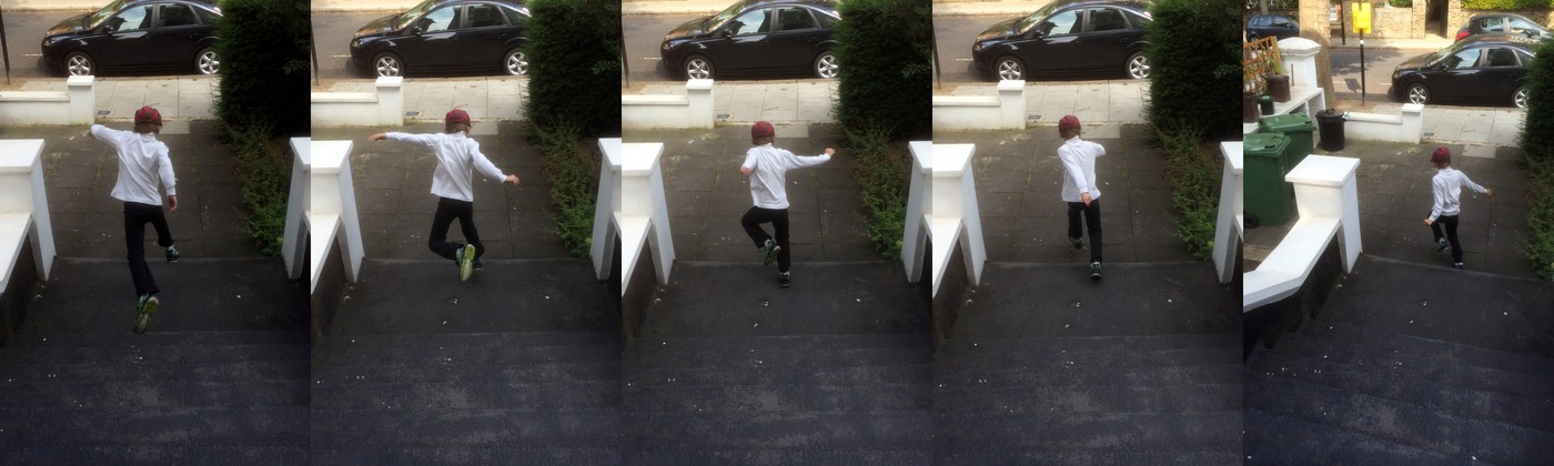 eero jumping down the stairs