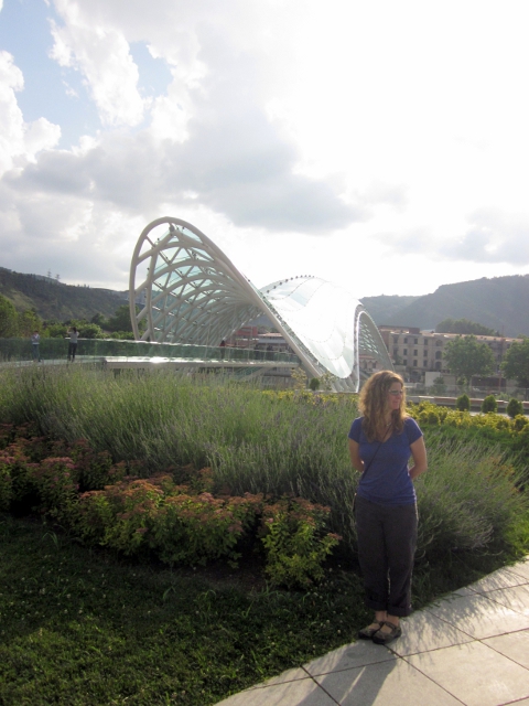 Alison in front of the Peace Bridge